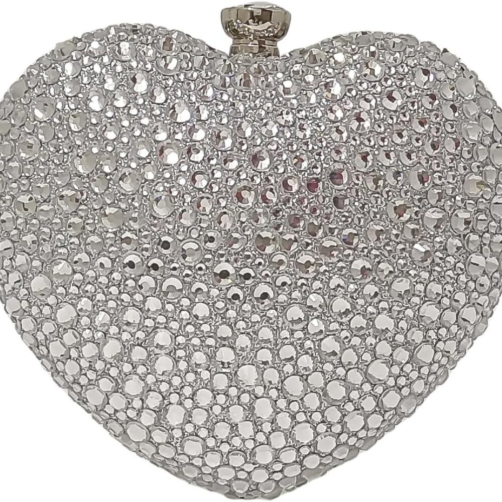 Charming Heart Shaped Silver Clutch with Rhinestones & Detachable Chain